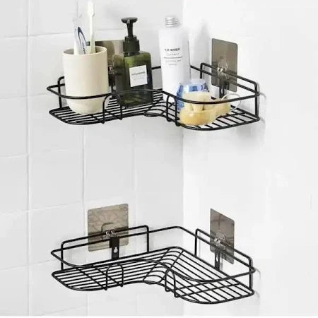 iSTAR Metal (Pack of 2 Self-Adhesive Shelf/Storage Organizer for Bathroom and Kitchen Corner Wall Mounted Rack Shelf Bathroom Accessories Storage Rack (No Drilling-Shelf Adhesive) (8 and 9 INCH,Black)