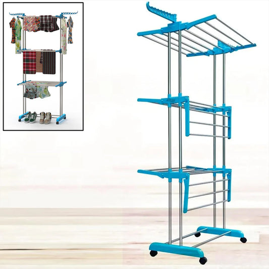 LIVINGBASICS 3 Tier Premium Heavy Duty Stainless Steel Foldable Cloth Drying Stand/Clothes Stand for Drying/Cloth Stand/Clothes Dryer/Laundry Racks for Drying - Indoor/Balcony (Cyan Blue)