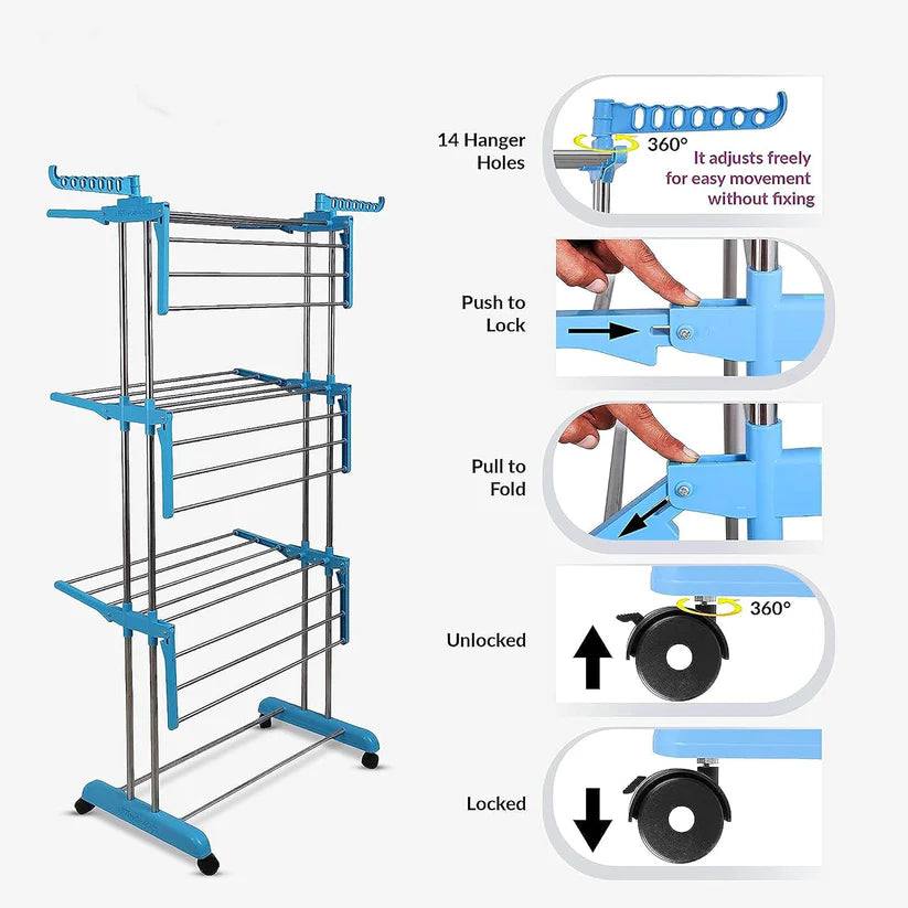 LIVINGBASICS 3 Tier Premium Heavy Duty Stainless Steel Foldable Cloth Drying Stand/Clothes Stand for Drying/Cloth Stand/Clothes Dryer/Laundry Racks for Drying - Indoor/Balcony (Cyan Blue)