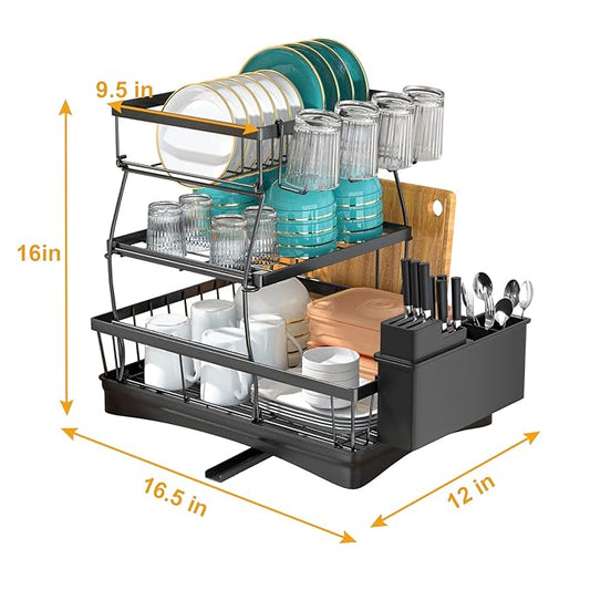 3-Tier Large Dish Racks for Kitchen Counter,Dish Drying Rack,Detachable Large Capacity Dish Drainer Organizer with Utensil Holder, Cup Holder,Dish Drying Rack with Drain Board ,Black