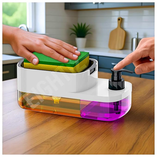 SWAPKART ABS Plastic 3 in 1 Soap Pump Dispenser Dish Soap Liquid Dispenser Sponge Holder Dish Soap Dispenser for Kitchen Sink Countertop Kitchen Bathroom