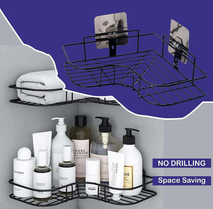 iSTAR Metal (Pack of 2 Self-Adhesive Shelf/Storage Organizer for Bathroom and Kitchen Corner Wall Mounted Rack Shelf Bathroom Accessories Storage Rack (No Drilling-Shelf Adhesive) (8 and 9 INCH,Black)