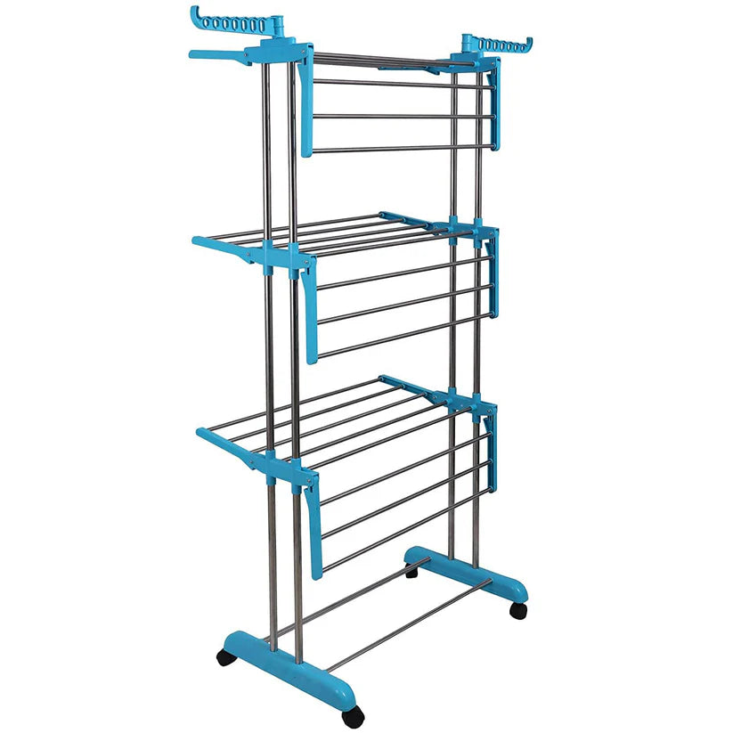 LIVINGBASICS 3 Tier Premium Heavy Duty Stainless Steel Foldable Cloth Drying Stand/Clothes Stand for Drying/Cloth Stand/Clothes Dryer/Laundry Racks for Drying - Indoor/Balcony (Cyan Blue)