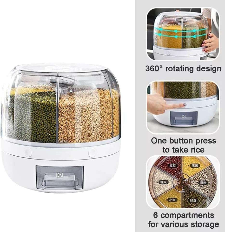 Dravizon 6-Grid Rotating Food Dispenser - Rice Bucket Storage Tank, Cereal Dispenser, Stackable Containers, One-Click Rice Picking, White