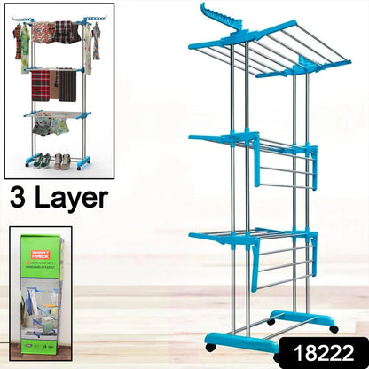 LIVINGBASICS 3 Tier Premium Heavy Duty Stainless Steel Foldable Cloth Drying Stand/Clothes Stand for Drying/Cloth Stand/Clothes Dryer/Laundry Racks for Drying - Indoor/Balcony (Cyan Blue)