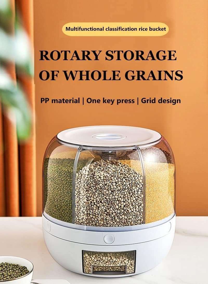Dravizon 6-Grid Rotating Food Dispenser - Rice Bucket Storage Tank, Cereal Dispenser, Stackable Containers, One-Click Rice Picking, White
