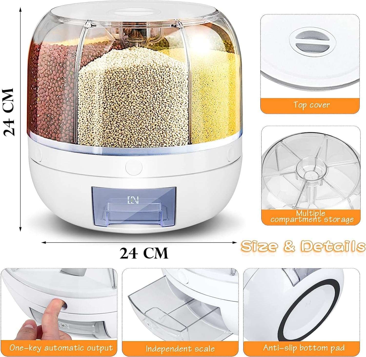 Dravizon 6-Grid Rotating Food Dispenser - Rice Bucket Storage Tank, Cereal Dispenser, Stackable Containers, One-Click Rice Picking, White