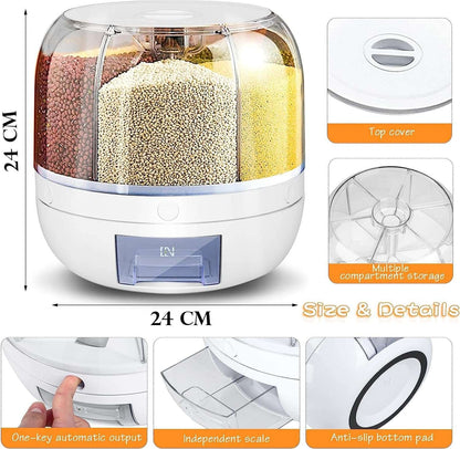 Dravizon 6-Grid Rotating Food Dispenser - Rice Bucket Storage Tank, Cereal Dispenser, Stackable Containers, One-Click Rice Picking, White