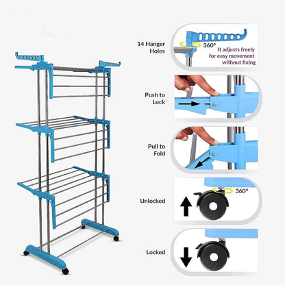 LIVINGBASICS 3 Tier Premium Heavy Duty Stainless Steel Foldable Cloth Drying Stand/Clothes Stand for Drying/Cloth Stand/Clothes Dryer/Laundry Racks for Drying - Indoor/Balcony (Cyan Blue)